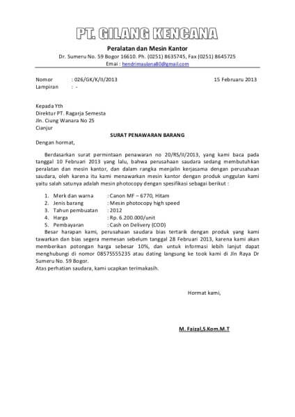 Contoh Surat Penawaran Barang